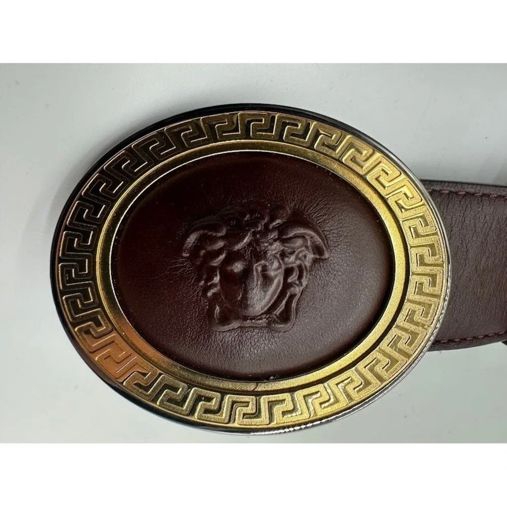 Versace Medusa Head Greek Key Oval Buckle Burgundy Leather Belt DCU‎ 4409 90/36
